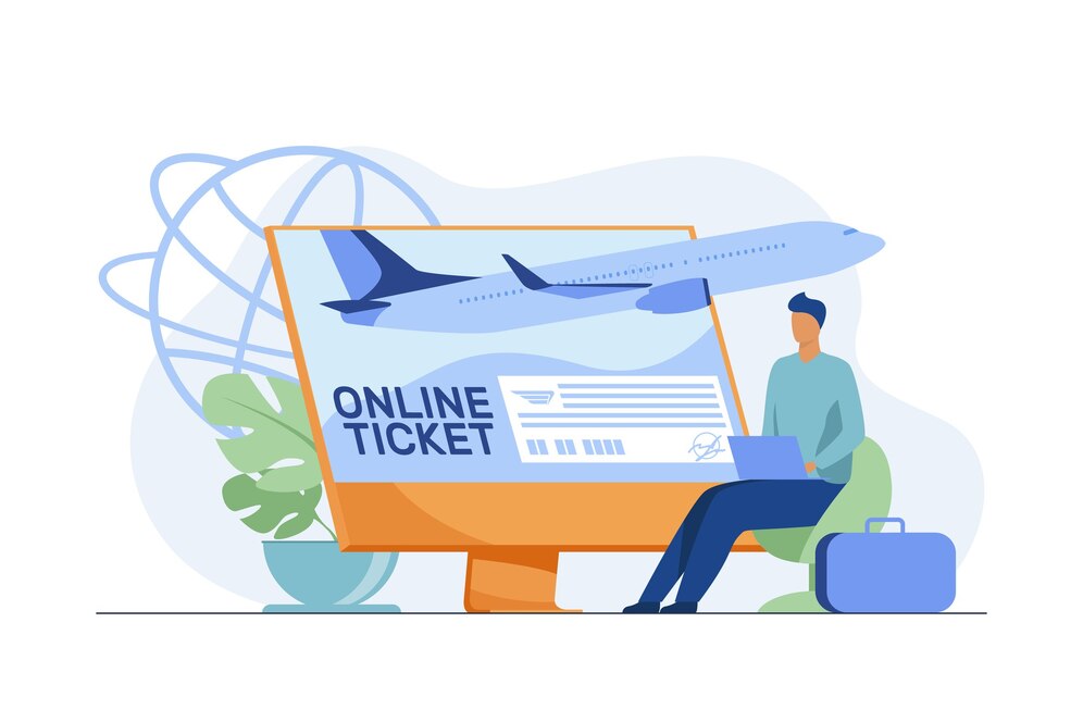 tiny-man-buying-ticket-online-via-laptop-monitor-plane-baggage-flat-vector-illustration-travelling-digital-technology_74855-8621